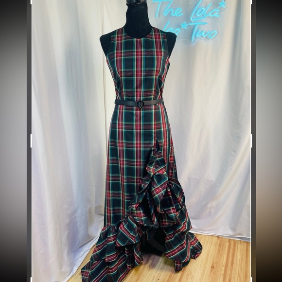 NWT Boston Proper Tartan Plaid Sleeveless High Neck Taffeta Ruffle Gown - Picture 2 of 12